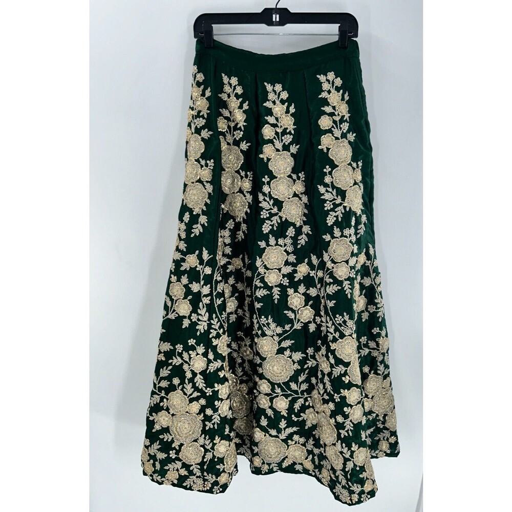 Women's Green Gold Satin Embroidered Indian Skirt With Beaded Drawstring - Picture 7 of 8